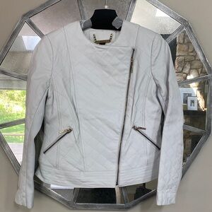 IMAN White Quilted Asymmetric Leather Jacket with Gold Hardware